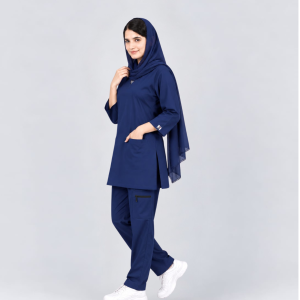 Women's Navy Blue Medical Scrub Suit | Long Tunic & Zippered Pocket | MDZico